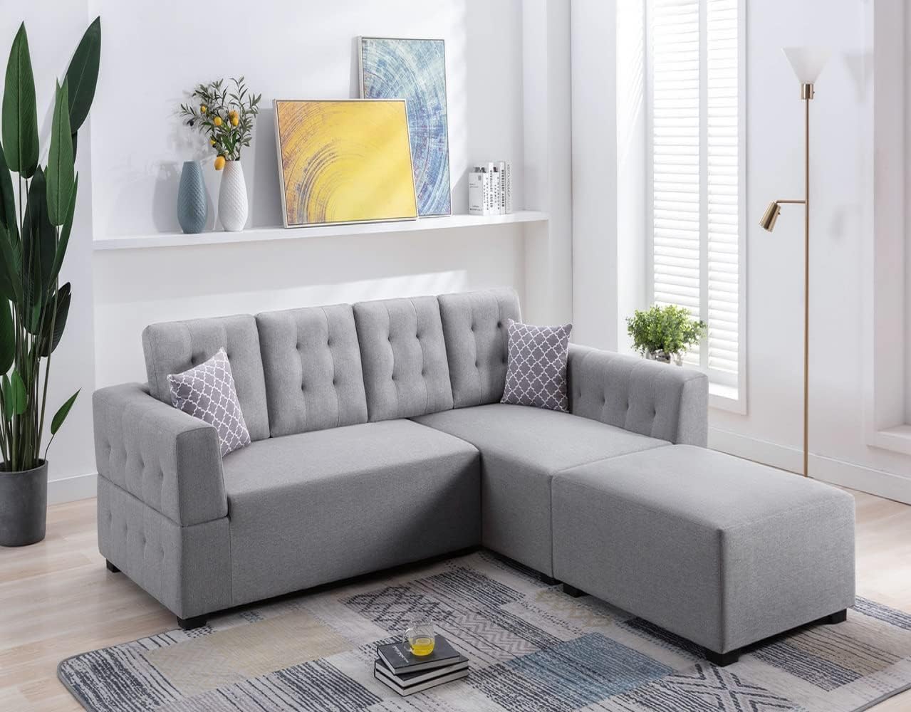 Chinon Modern Sectional Sofa with Right Facing Chaise Covers Linen Fabric (Light Gray)