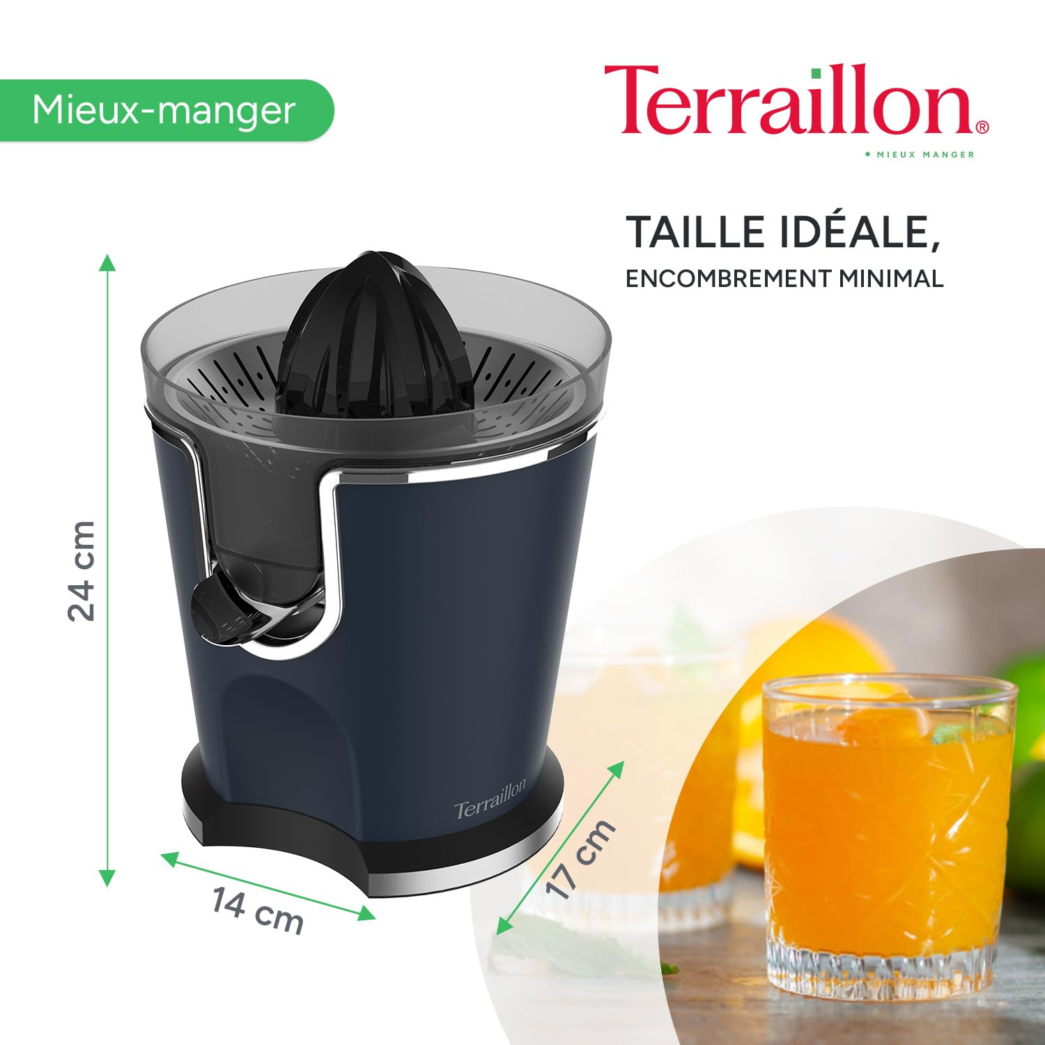 TERRAILLON - NEW MOON - Presse agrumes électronique - 160 W, Vitesses variables, Filtre et bec verseur en Inox, Réservoir 300 ml, 2 Cônes pour différents agrumes, Corps Inox peint, Bleu