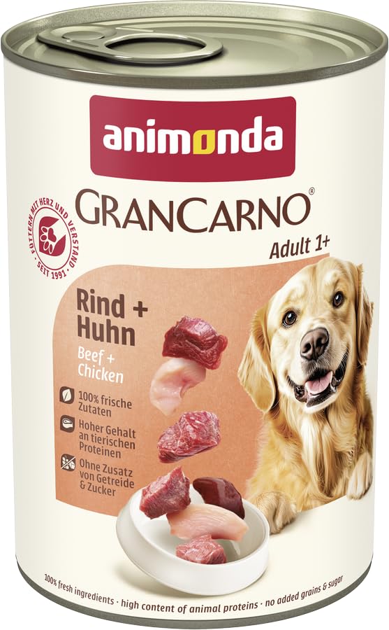 animonda GranCarno Hunde Nassfutter mit Rind + Huhn (6 x 400 g), getreidefreies Hundenassfutter ohne Zucker, für ausgewachsene Hunde, mit frischen fleischigen Zutaten