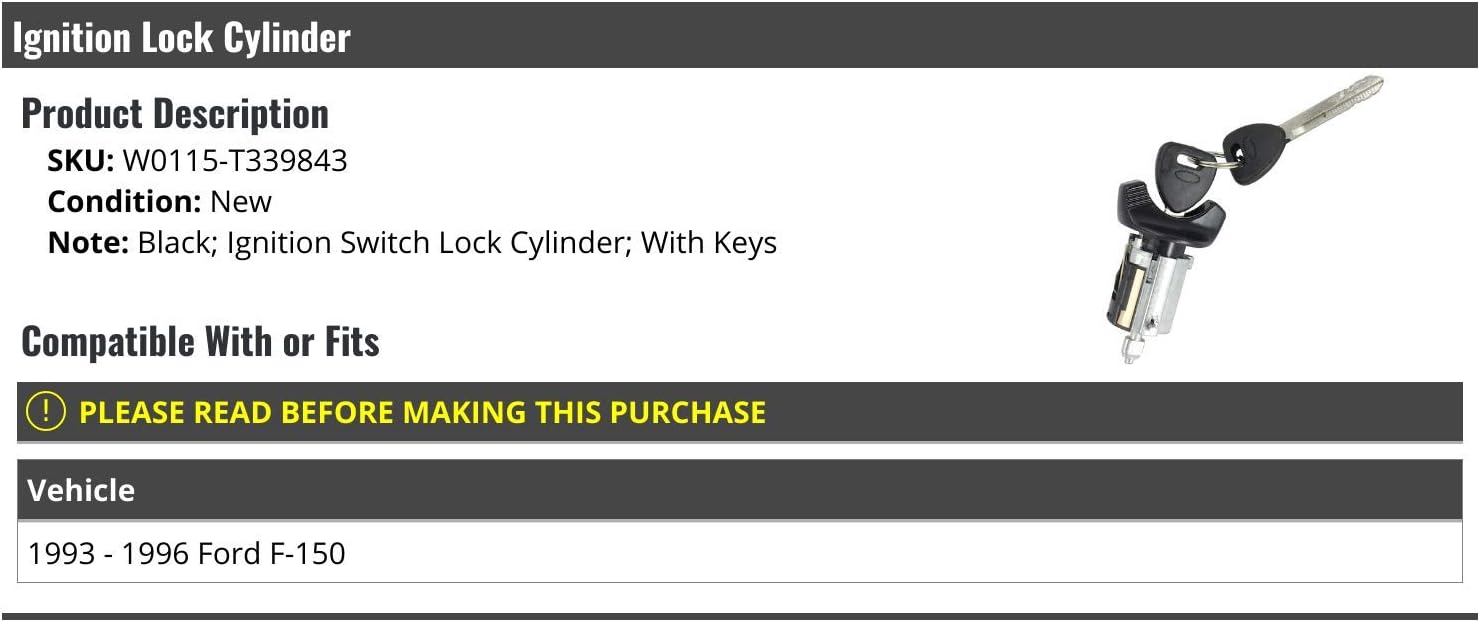 Black Ignition Lock Cylinder Switch with Keys - Compatible with 1993-1996 Ford F-150
