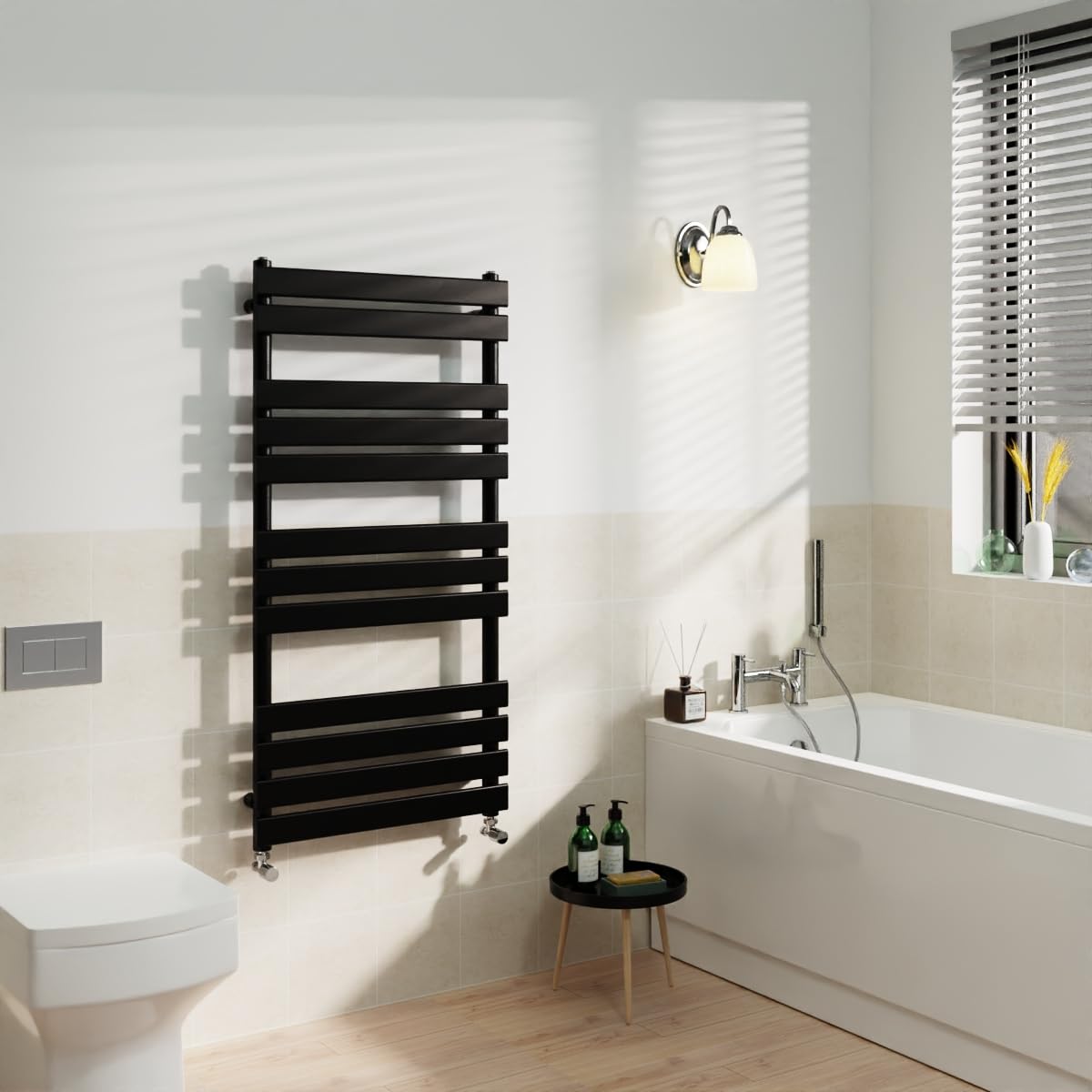 Warmehaus Black Flat Panel Heated Towel Rail Radiator Ladder Rad Central Heating Towel Warmer For Bathroom Kitchen 1200X600mm