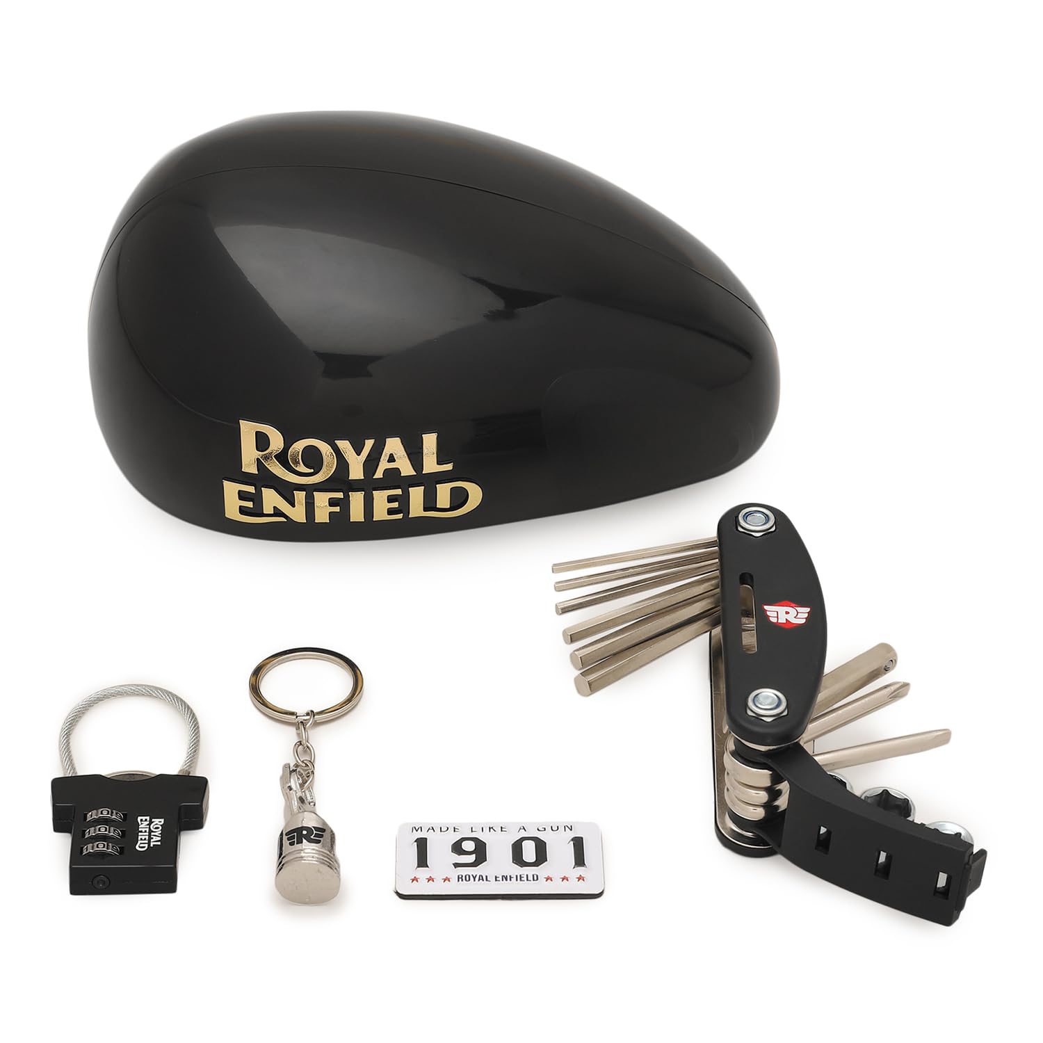 Royal Enfield Metal Premium Welcome Kit Wing Logo Piston Keychain | MLG 1901 Fridge Magnet | Number Lock | Multi Tool Allen Key | For Gifitng Bike Enthusisats | Gift For Man, Black - Image 4 thumbnail