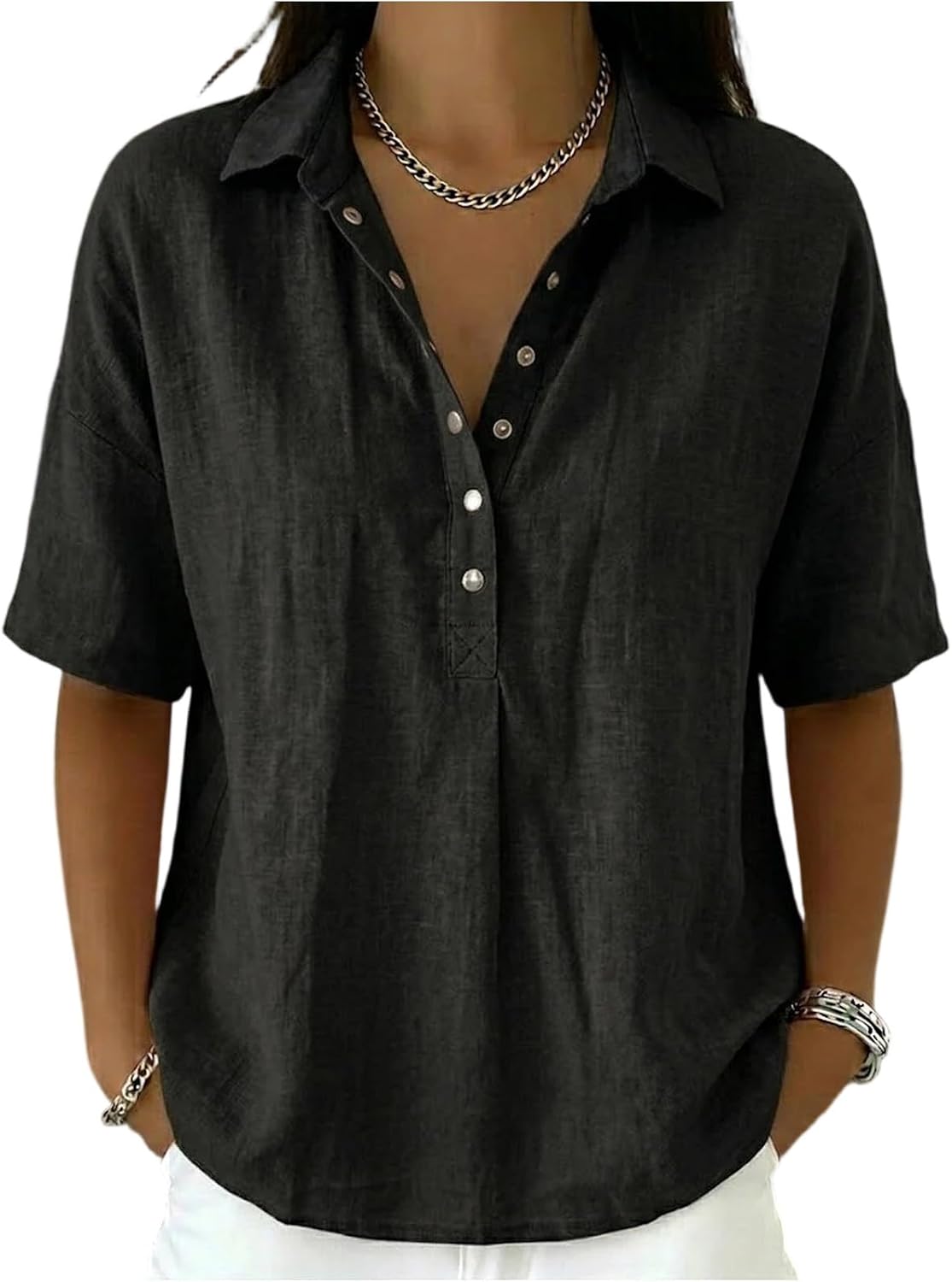 Women Cotton Linen Henley Shirt Short Sleeve Button V Neck Loose Fit Gauze Tops Beach Vaction Shirts