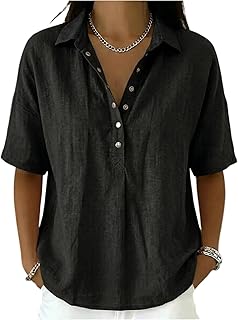 Cotton Linen Tops for Women 2026 Summer Clothes Half Sleeve V Neck Henley Shirt Button Down Dressy Casual Blouses