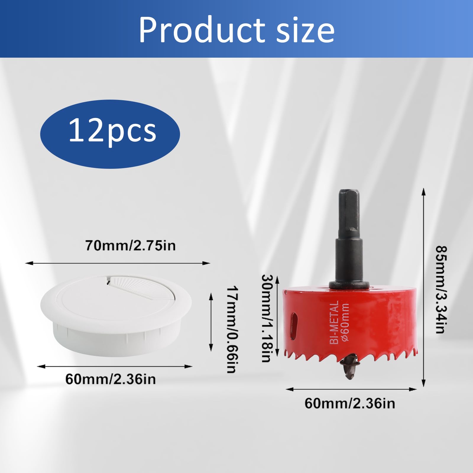 Cable Grommet Desk Diameter 60 mm, Desk Grommet, Pack of 8 White Plastic with a Red Bi-Metal Hole Saw - Image 2