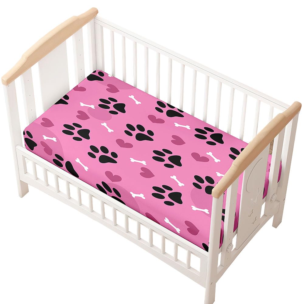 Odot Cot Bed Sheets, Animal footprints Print Bedside Cribs Fitted Sheets, Baby Bed Sheets Microfiber Cot Bed Mattress Protector, Bassinet Sheets, Easy Care Soft and Dureable (pink,70x140 cm)