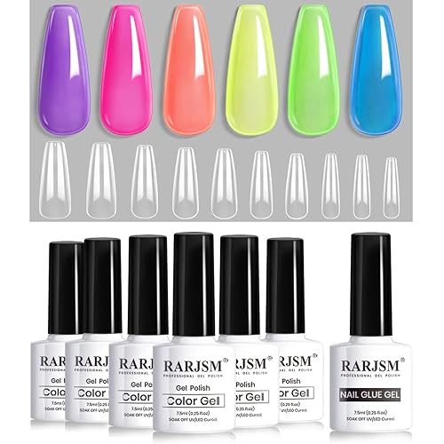RARJSM Jelly - Juego de esmaltes de uñas de gel, esmalte de uñas de neón translúcido, 6 colores, rosa, verde, azul, morado, amarillo, naranja, 10