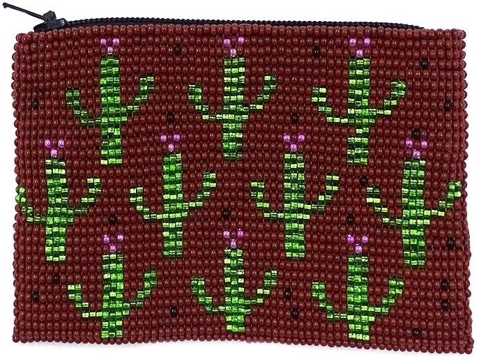 Multi Saguaro Cactus Pattern Czech Glass Seed Beaded Coin Purse Zipper Pouch - Womens Fashion Handmade Bags Boho Travel Accessories (Red)