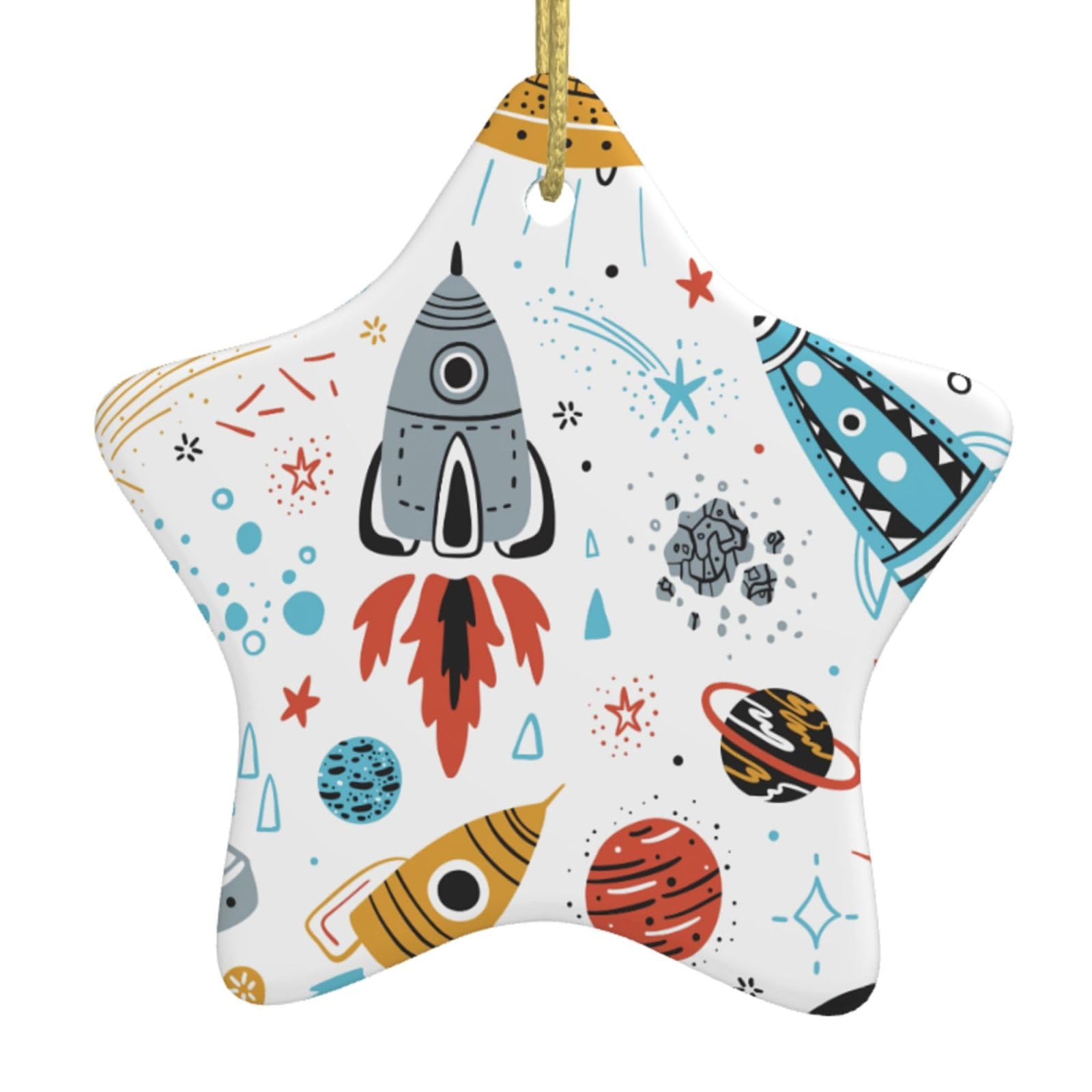 Cartoon Rockets Print Christmas Ornaments, Ceramic Hanging Ornament, Round Shape Decorations