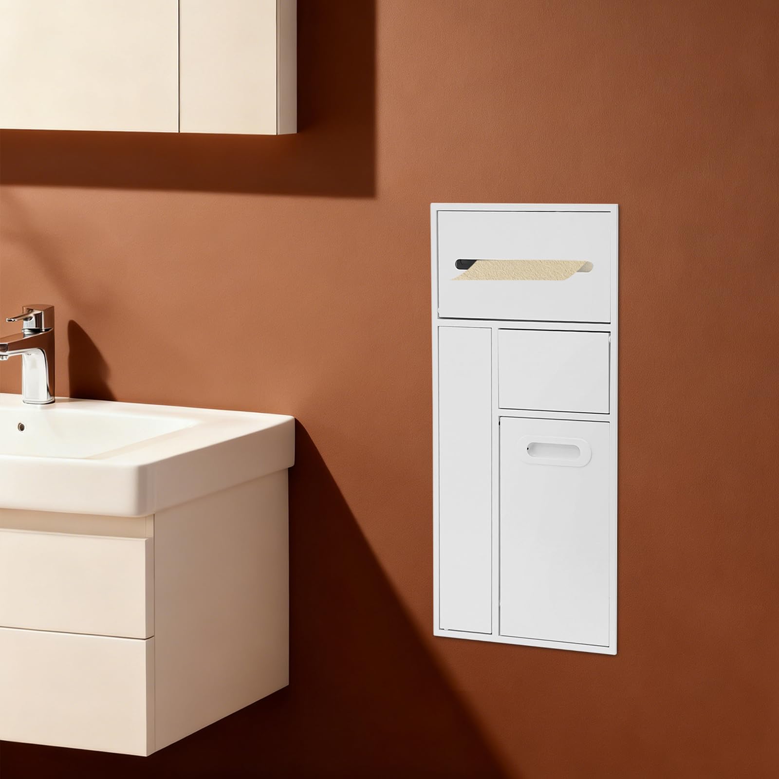 Badezimmer aus Edelstahl mit Eingebauter Dusche Badezimmer Einbau Organizer, MüLleimer mit Toilettenpapierhalter und BüRstenspeicher, Platzsparend, Rostfrei, für Zuhause und BüRo (Weiß)