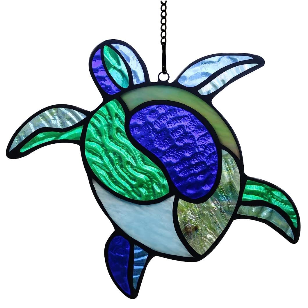 Yeyert Blue Turtle Stained Windows Hangings Suncatcher,Sea Turtle Stained Glass Suncatchers Window Ornament Stained Glass Panel Sun Catcher Wall Hanging Decor Birthday Gifts (Blue)