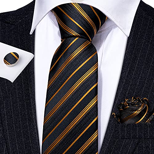 Image of Barry.Wang Tie Sets for Men Silk Stripe Necktie Woven Checkered Handkerchief Cufflinks Formal Business Wedding