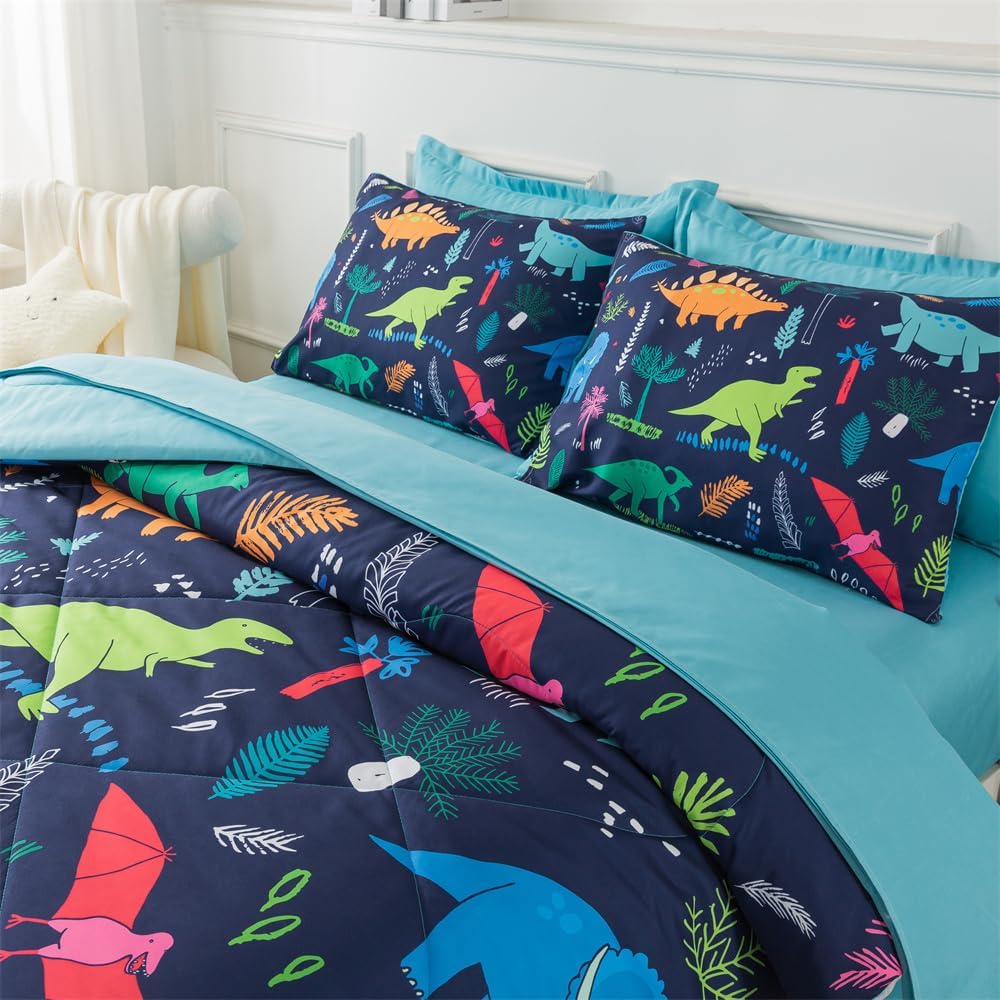 qjmiaofang Dinosaur Bedding Twin Kids Jungle Dinosaur Comforter Set 5Pcs Boys Teens Dinosaur Bed Set with Blue Sheets All Season Wildlife T-Rex Dino Bed in A Bag Animal Printed Decor with Pillowcases - Image 2