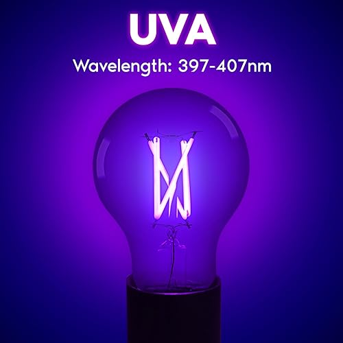 Miniatura 3 de LUXRITE A19 Edison - Bombilla LED negra UV de 6 W, filamento de luz negra, UVA 397-407 nm, clasificación de accesorio cerrado, base E26, brilla en