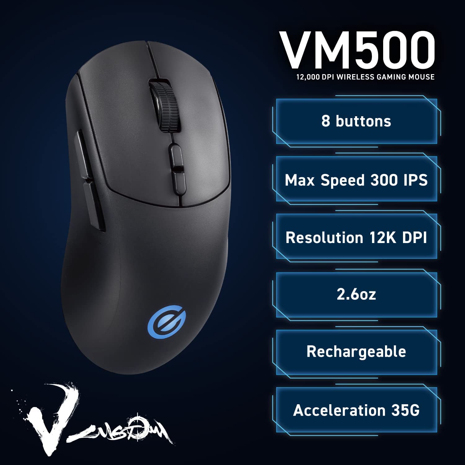 ELECOM Gaming V Custom VM500 Wireless Gaming Mouse, 12K DPI Optical Sensor, 75g Ultra Lightweight, 16.8 Million RGB, 95 Hr Battery Life, 8 Programmable Buttons, 100 Million Clicks (M-VM500BK)