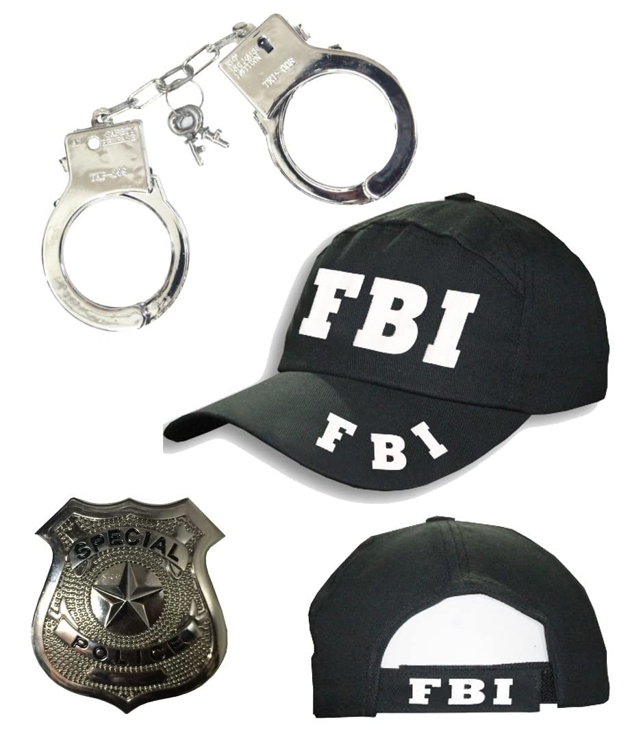 Ploutos World Wide Unisex Black Men's Military Combat Swat Fbi Security Cap,Badge Silver Metal Ideal For Fancy Dress Play Toy Metal Handcuffs With Key For Police Role