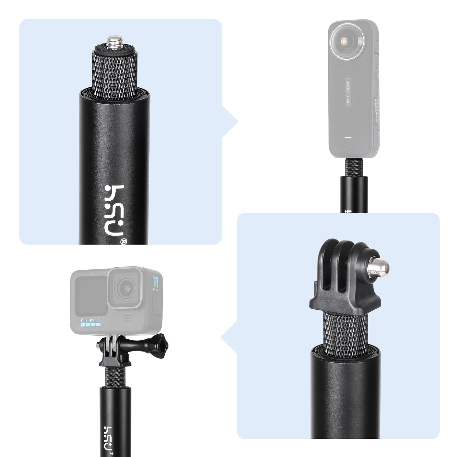 HSU Niewidoczny kij do selfie 150 cm do kamery Insta 360, wysuwany drążek ręczny do kamer Go Pro i Osmo (pasek w zestawie)