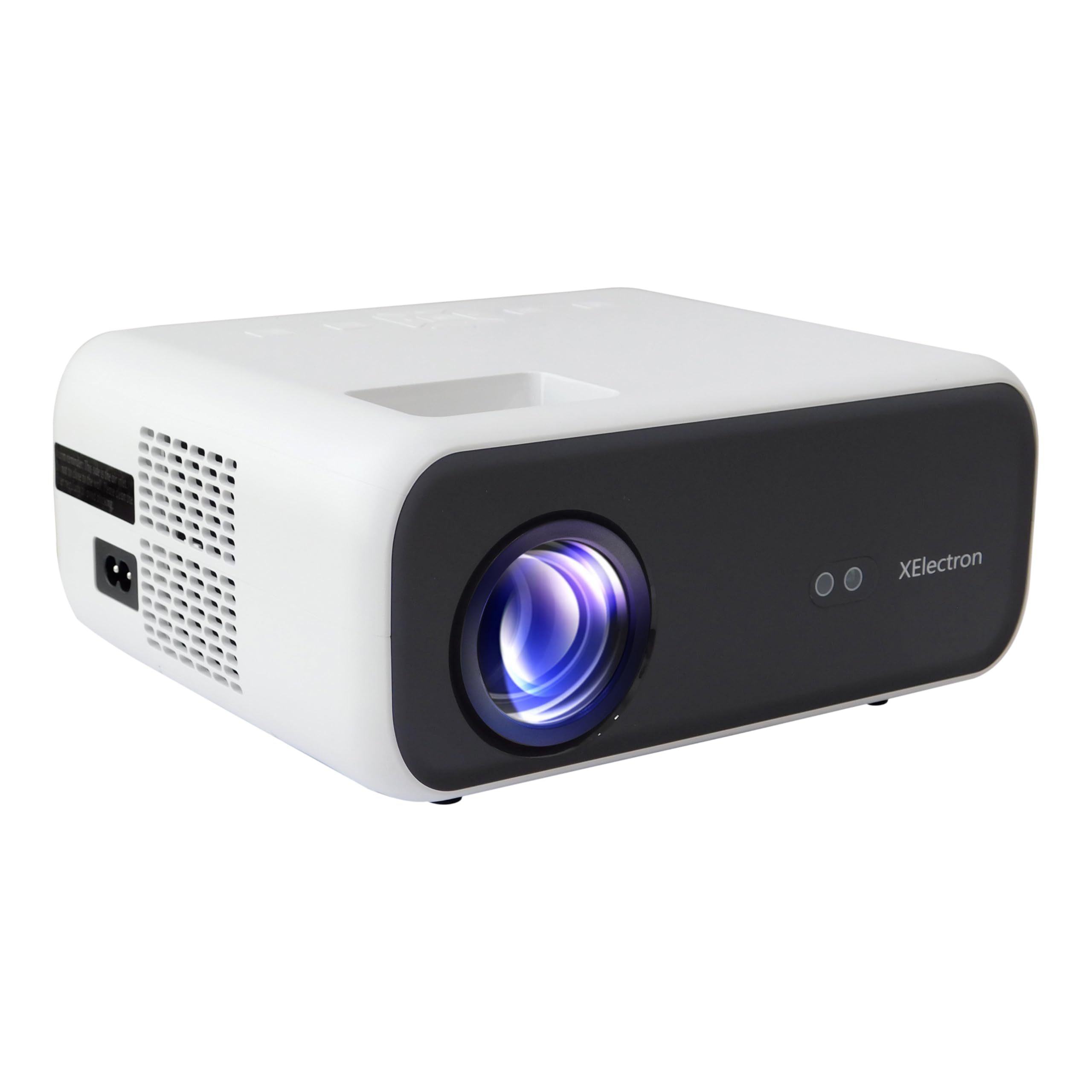 Front view of the XElectron C9 Projector showing the lens and control buttons.
