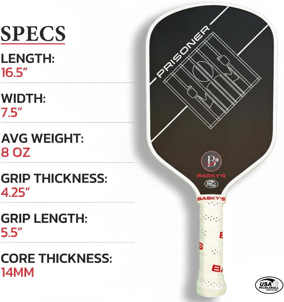 Basky’s Prisoner Raw Carbon Fiber Pickleball Paddle – USA Pickleball Approved Racket, Honeycomb Core, Power Spin & Control, Premium Performance Paddle