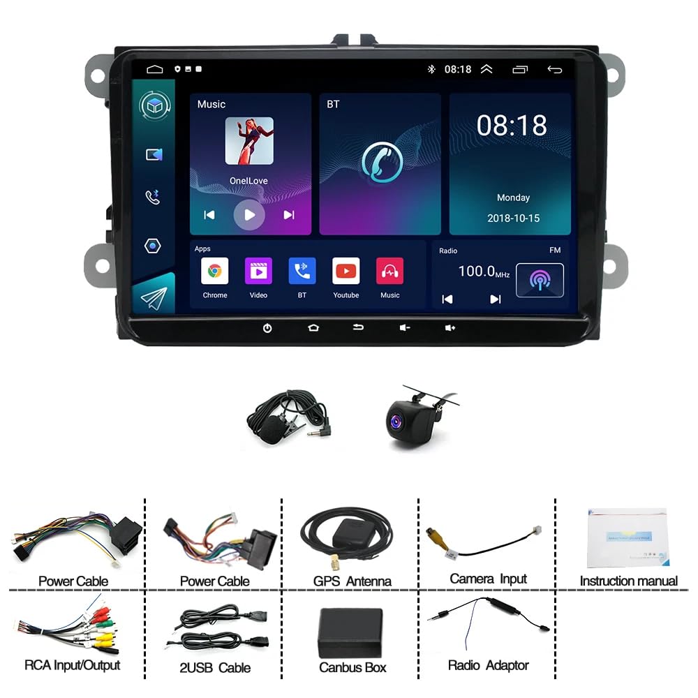 Radio de Coche Doble DIN de 9" para Passat B6 2007-2011 con navegador GPS, Carplay inalámbrico, Pantalla IPS de 14 Pulgadas, Bluetooth estéreo, cámara de Marcha atrás, Mirror Link, FM/RDS, SWC 2+32G