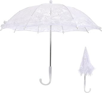 STOBOK Lace Parasol Umbrella, 18.86x17.29 Inch White Vintage Wedding Bride Lace Parasol with Handle for Weeding, Photo Props, Party Decor, Wedding Decorations