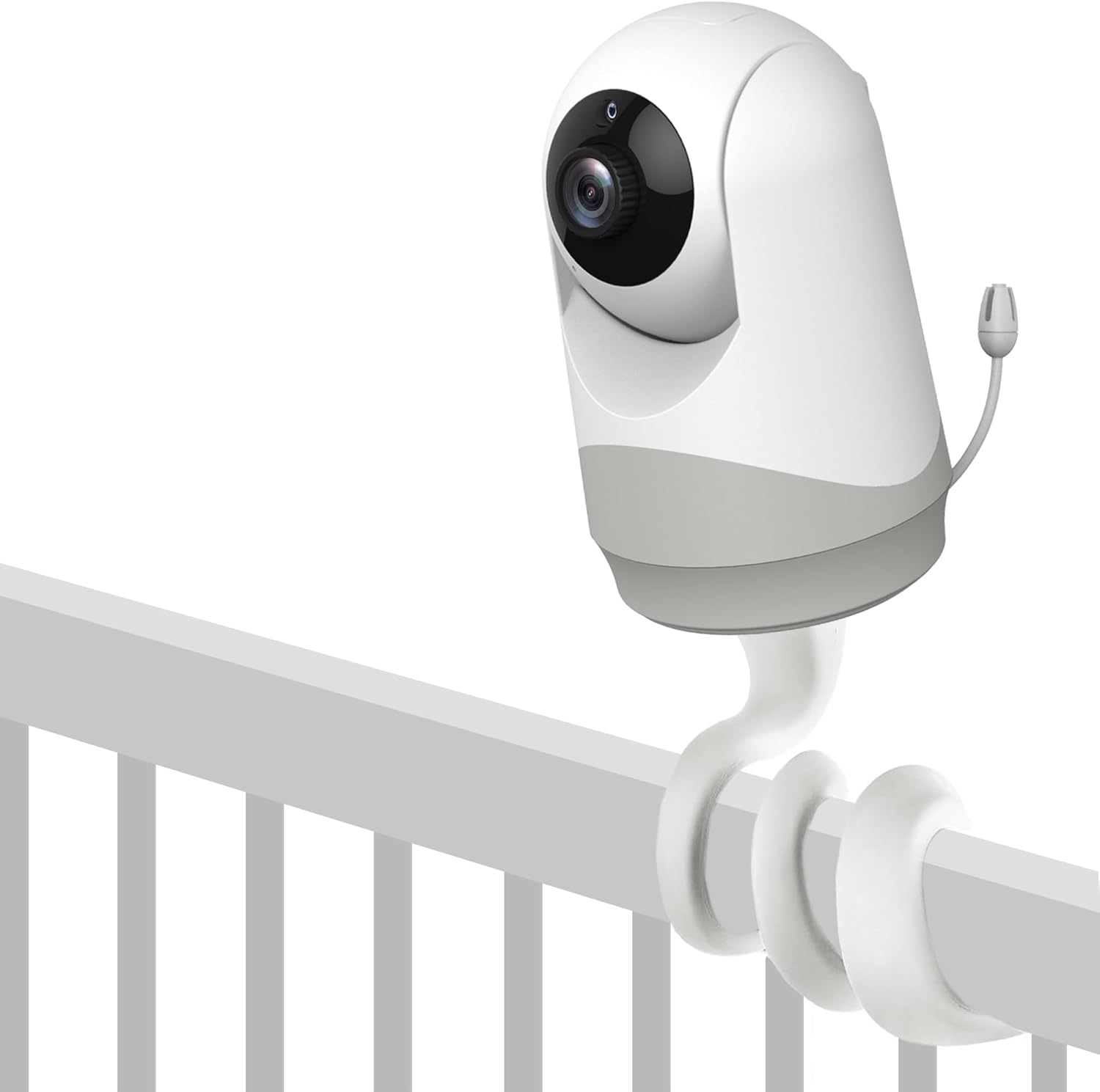 HelloBaby monitor camera attached to the flexible mount, mounted on a crib rail