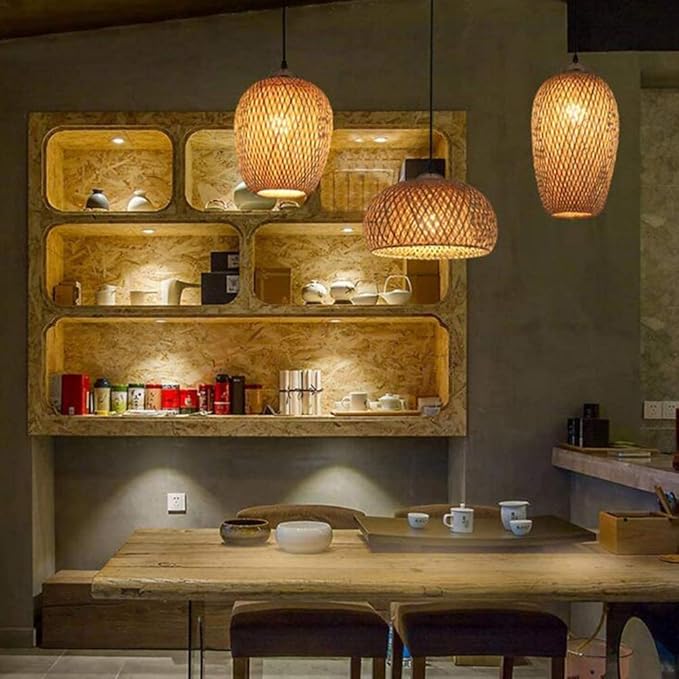 FUMIMID Rotan Bamboe Hanglamp Retro Stijl Lantaarn Kroonluchter Antiek Hout Eetkamerlamp Landhuis Hanglampen Rieten Lampenkap Slaapkamer Woonkamer Bar Plafondlamp E27 Lamphouder 3 Lamps photo 3
