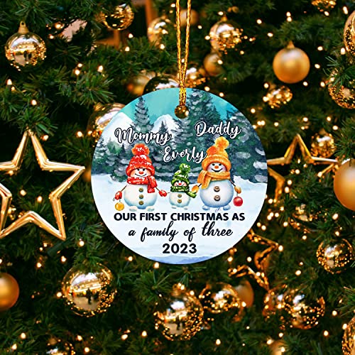 Our First Christmas As A Family Of Three 2023 Christmas Tree Ornament Personalized, Snowman Family Keepsake Gift For New Baby New Parents Dad Mom, First Christmas As A Family Of 3 Xmas Ornament #TOP4