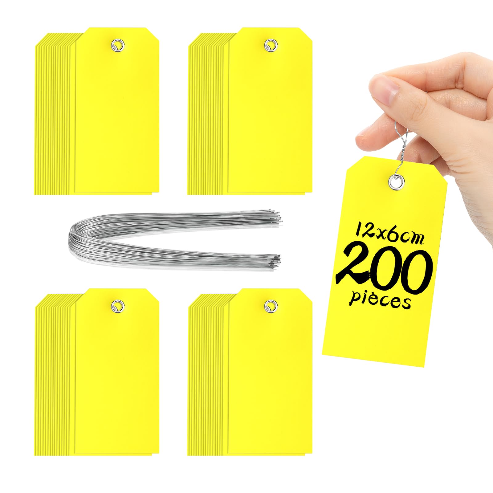 Lot de 200 Étiquettes Fil de Fer 120 x 60 mm Jaune en Plastique Rigide - Étiquettes de Prix Vidange Solides Épaisses Durables Pratique