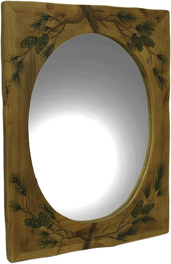 Zeckos Hand Carved Pine Cones Rustic Wood Framed Wall Mirror 32 in.