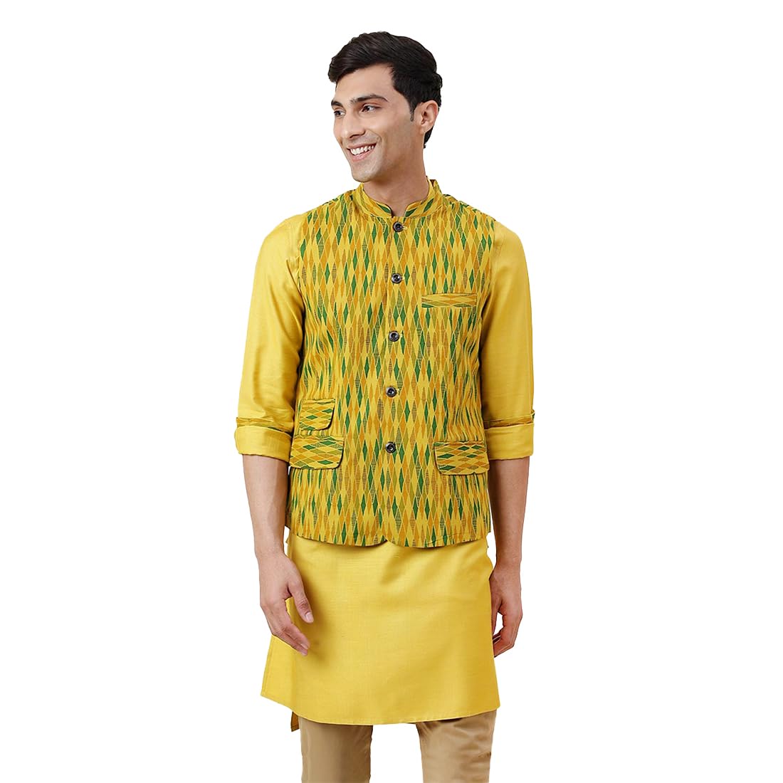 Nuindian Yellow Viscose Silk Slim Fit 2Pc Set, Yellow (L)