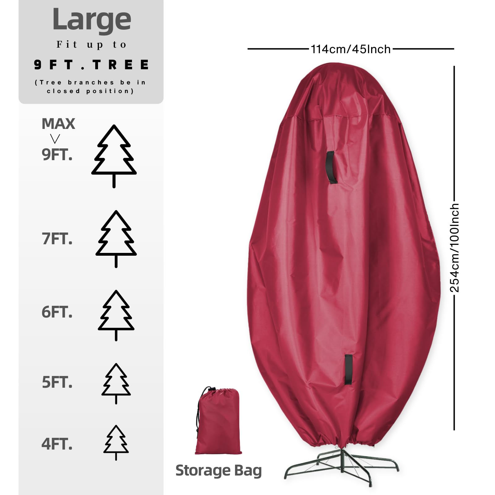 Rechtopstaande Kerstboom Opbergtas, Premium Kerstboomhoes Waterdichte Kerstboomtas, Boomstofhoeszak, Oxford Stoffen Vakantieboomtas met Ritssluiting en Trekkoord, Kerstboomdecor(Groen 114cmx254cm
