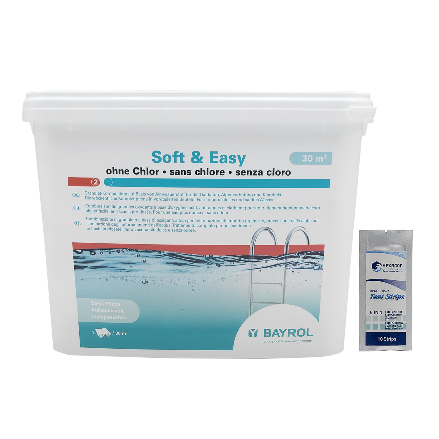 BAYROL Soft & Easy 30m3 (12 sachets) - 5,04kg | Oxygène Actif Multiaction - Désinfection Régulière Multifonction sans Chlore - Sachets pré-dosés + 10 Tests HPS OFFERTS 6 en 1