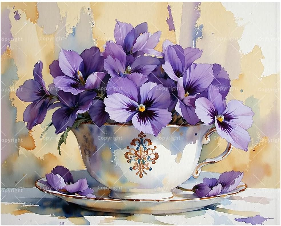 Purple Flowers Paint by Numbers Kit for Adults - DIY Violet Pansy Arrangement in Teacup Painting on Canvas, Acrylic Paint Set, Suitable for Beginners, for Home Decoration or Gifts(8X12IN Framed)
