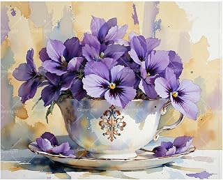 Purple Flowers Paint by Numbers Kit for Adults - DIY Violet Pansy Arrangement in Teacup Painting on Canvas 16x20 Inches, Acrylic Paint Set, Suitable for Beginners, for Home Decoration or Gifts