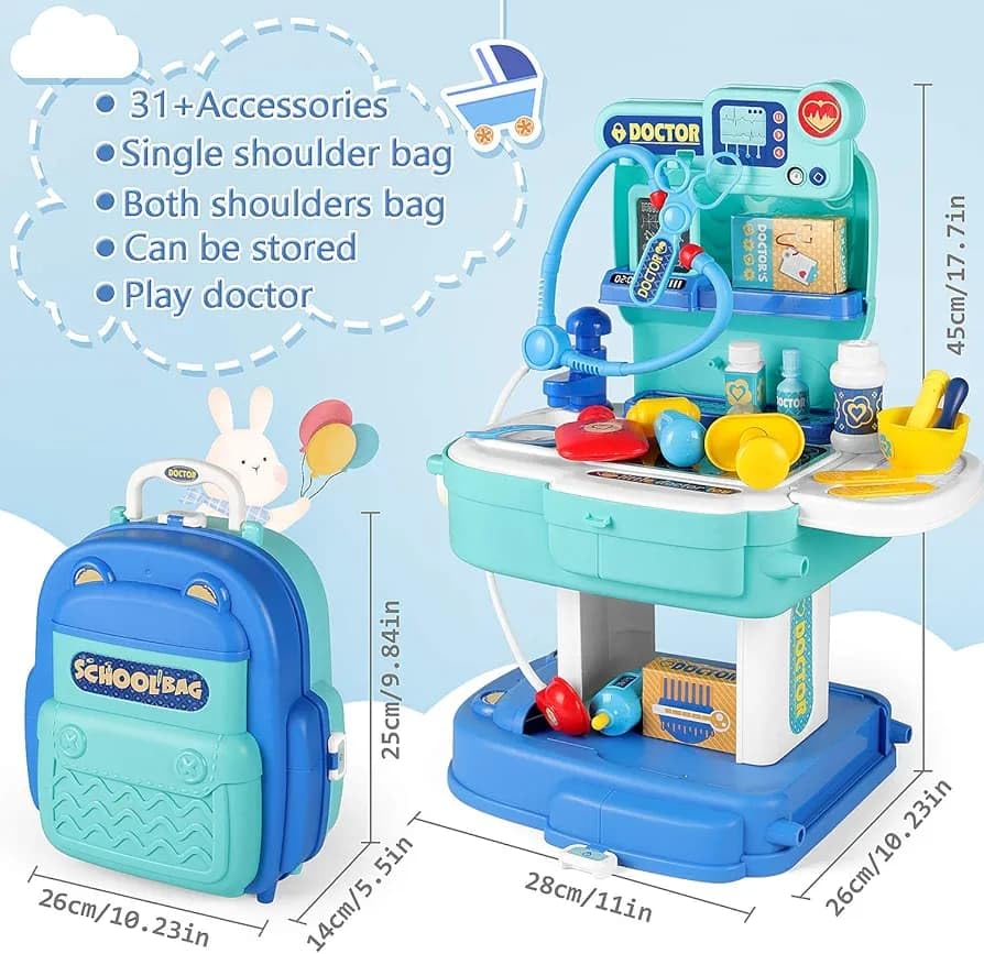 Image of Kids Doctor Kit Toy Set | Set Toys for Kids, 2 in 1 School Bag & Role Play Backpack , Foldable Suitcase School Bag for Kid 31 PCS Set, Doctors Kit Toyset