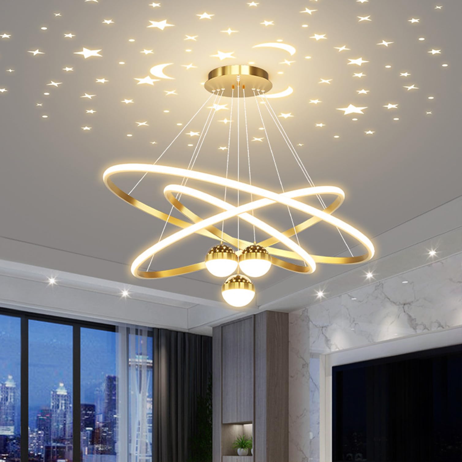 LED Pendant Light Dimmable Modern Chandelier with Remote Control for Dining Table, Office, Kitchen and Living Room Ceiling Light (Gold, L30+40+60cm)