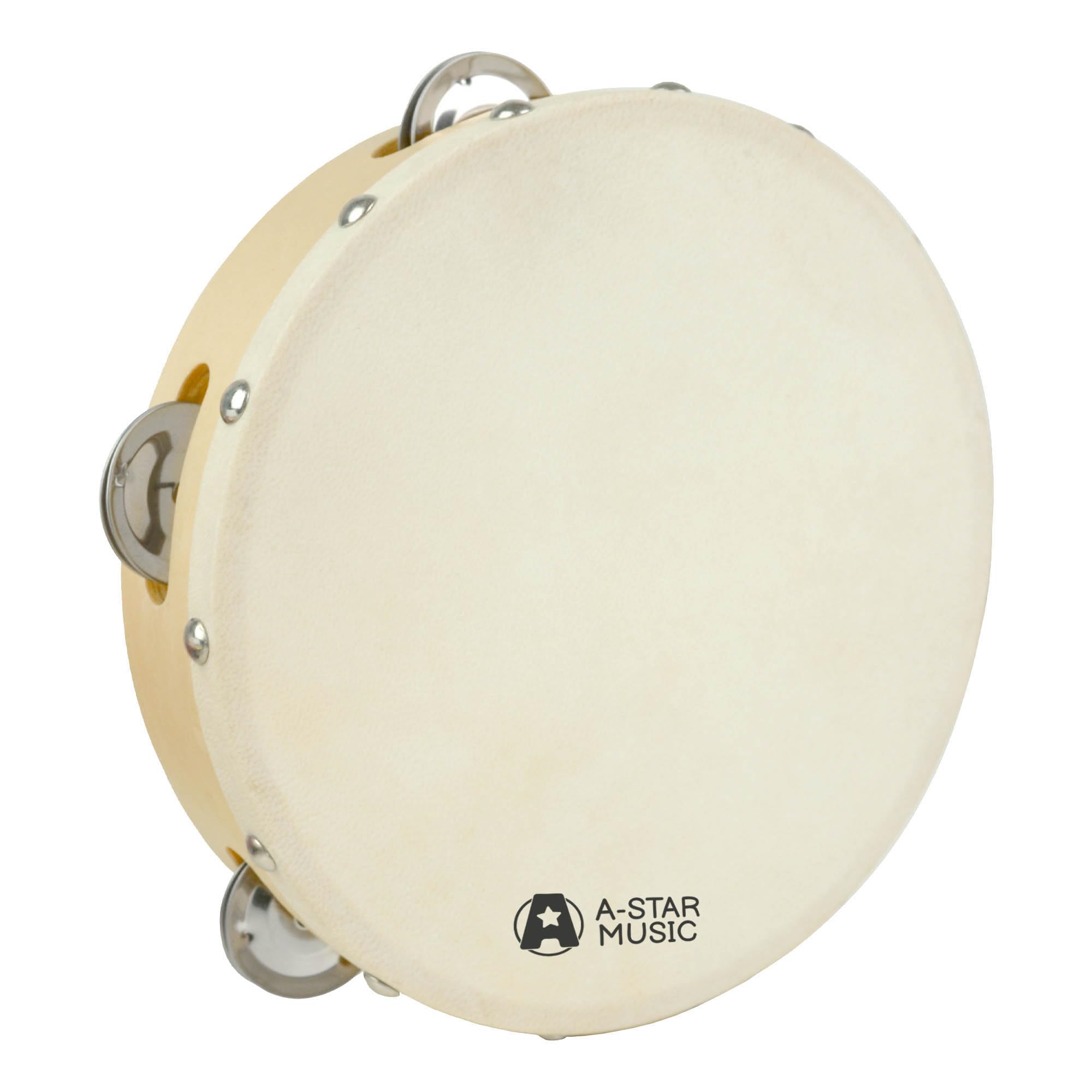 A-Star 8 Inch/20cm Handheld Headed Wooden Tambourine, Traditional Single Metal Jingle Bell Row - Natural Head