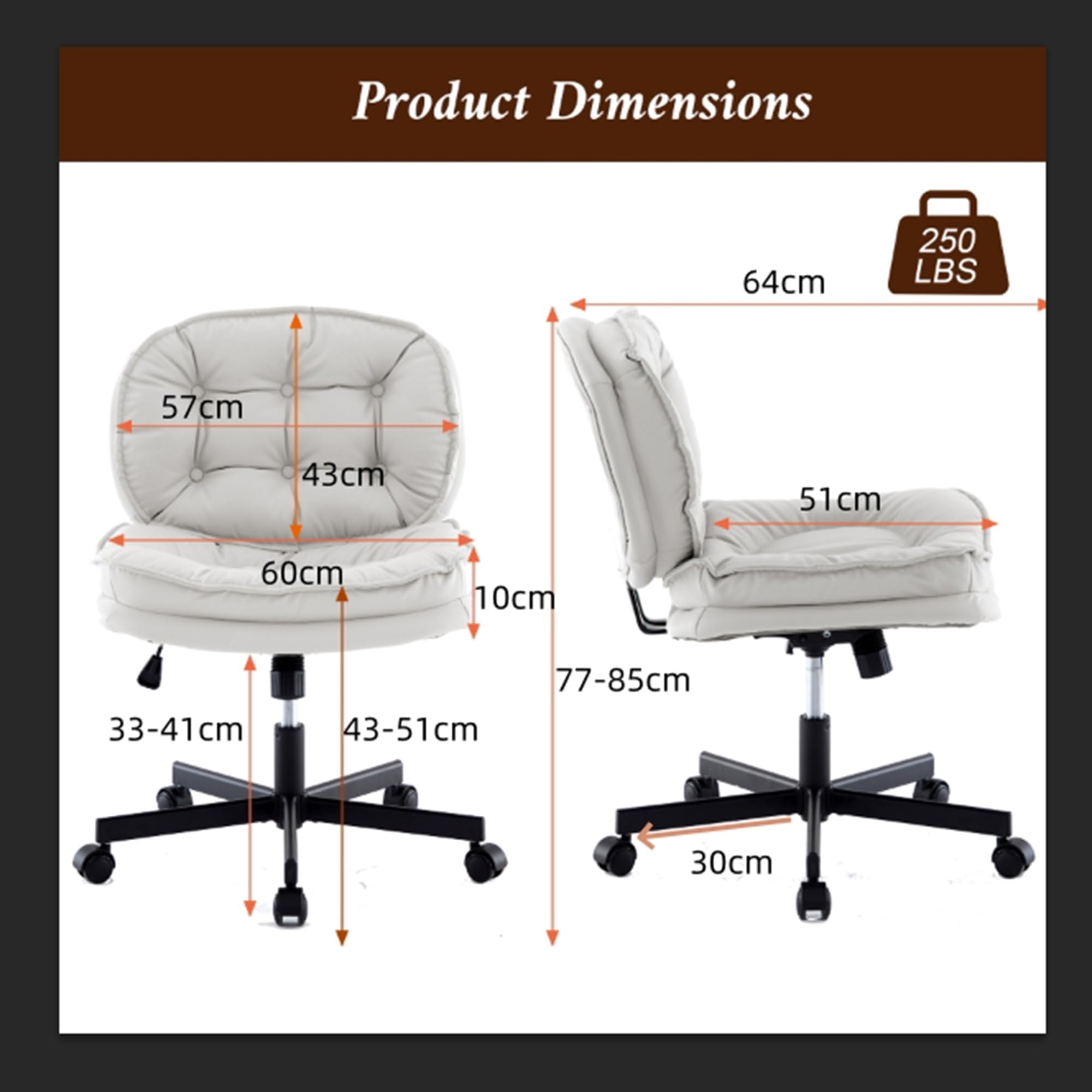 Silla de Ordenador de Piel sintética, Silla de Oficina Ancha con reclinación de 120°, Altura Ajustable de 8 cm, cómoda Silla de Oficina con Base de Acero de 70 cm, Silla de Oficina sin Brazo