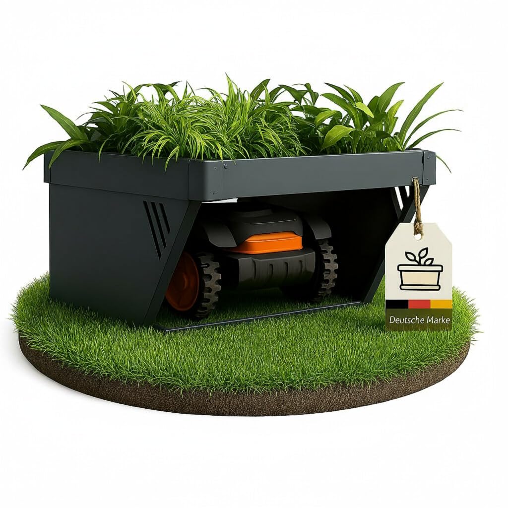novaterra® Garage für Mähroboter aus Metall - B 60 × T 70 × H 39,6 cm - Premium Rasenroboter Garage mit abgeschrägtem, bepflanzbarem Dach - kompatibel mit gängigen Mähroboter Modellen