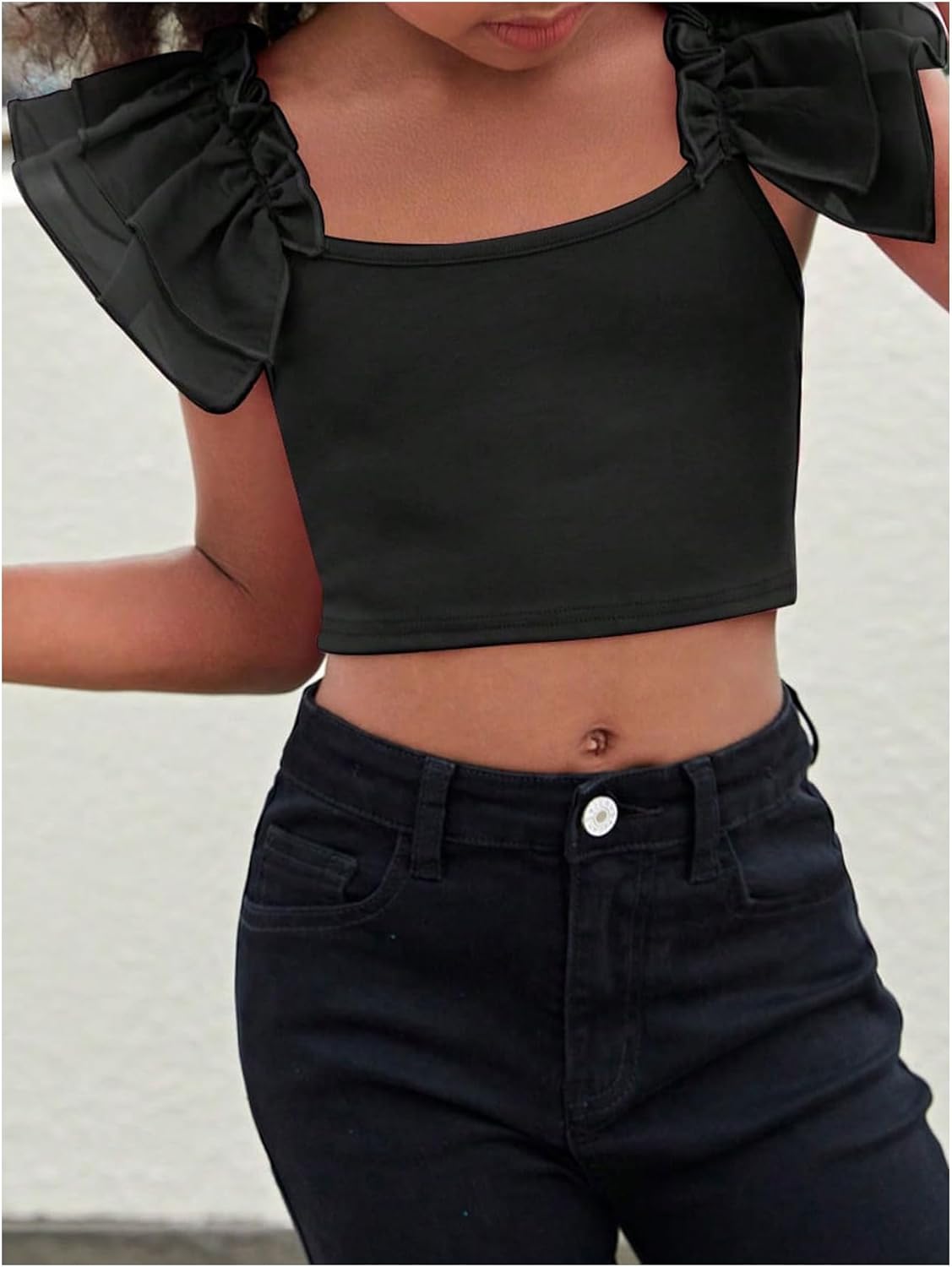 WDIRARA Girl's Ruffle Trim Bow Back Tiered Layer Square Neck Wide Strap Slim Fit Crop Cami Top - Image 5