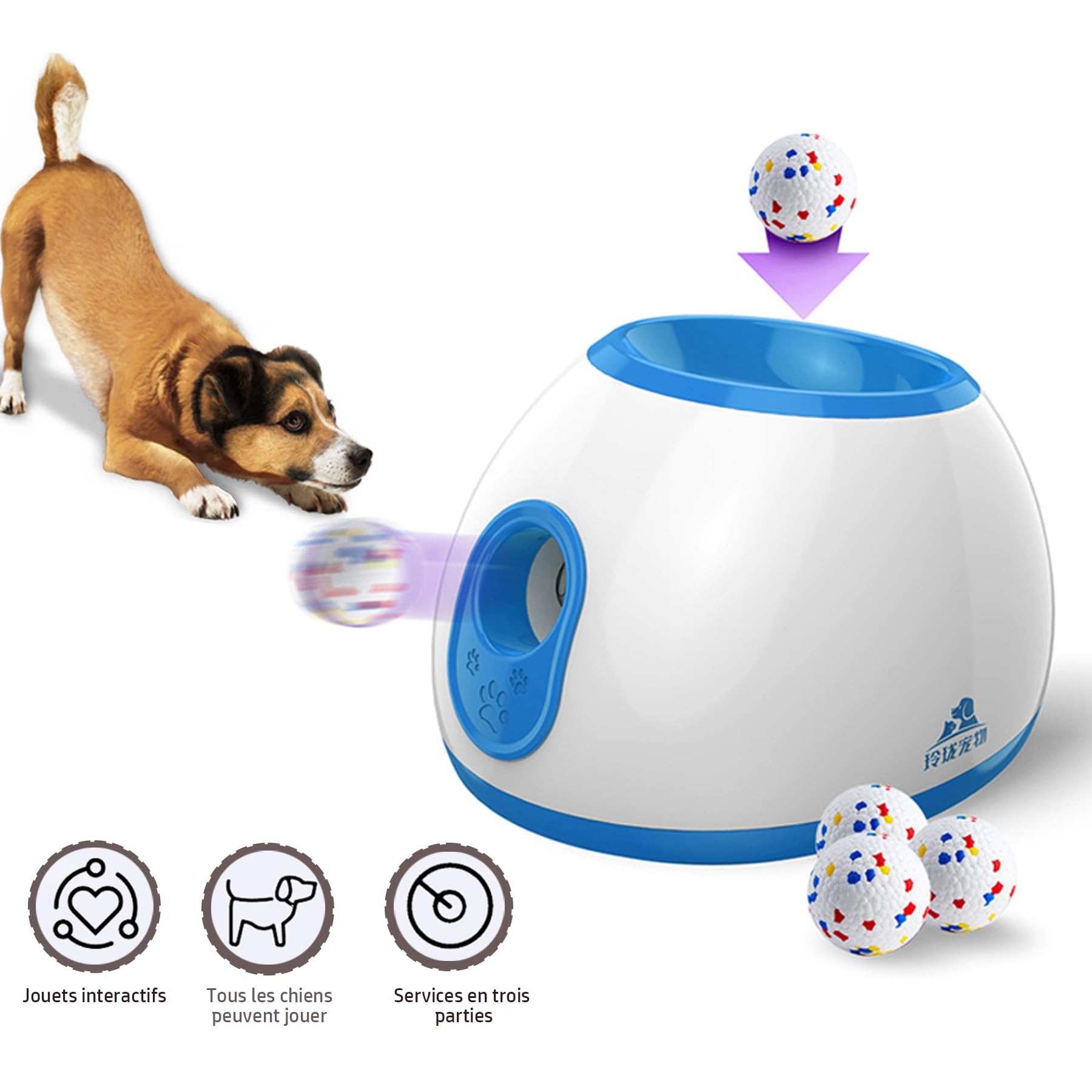 Lanceur de Balle Automatique pour Chien - Jouet Intelligent Réglable pour Jardin/Intérieur, Angle & Distance, Portable, Faible Bruit, avec 3 Balles pour Chien (26.3x19.8x28cm)
