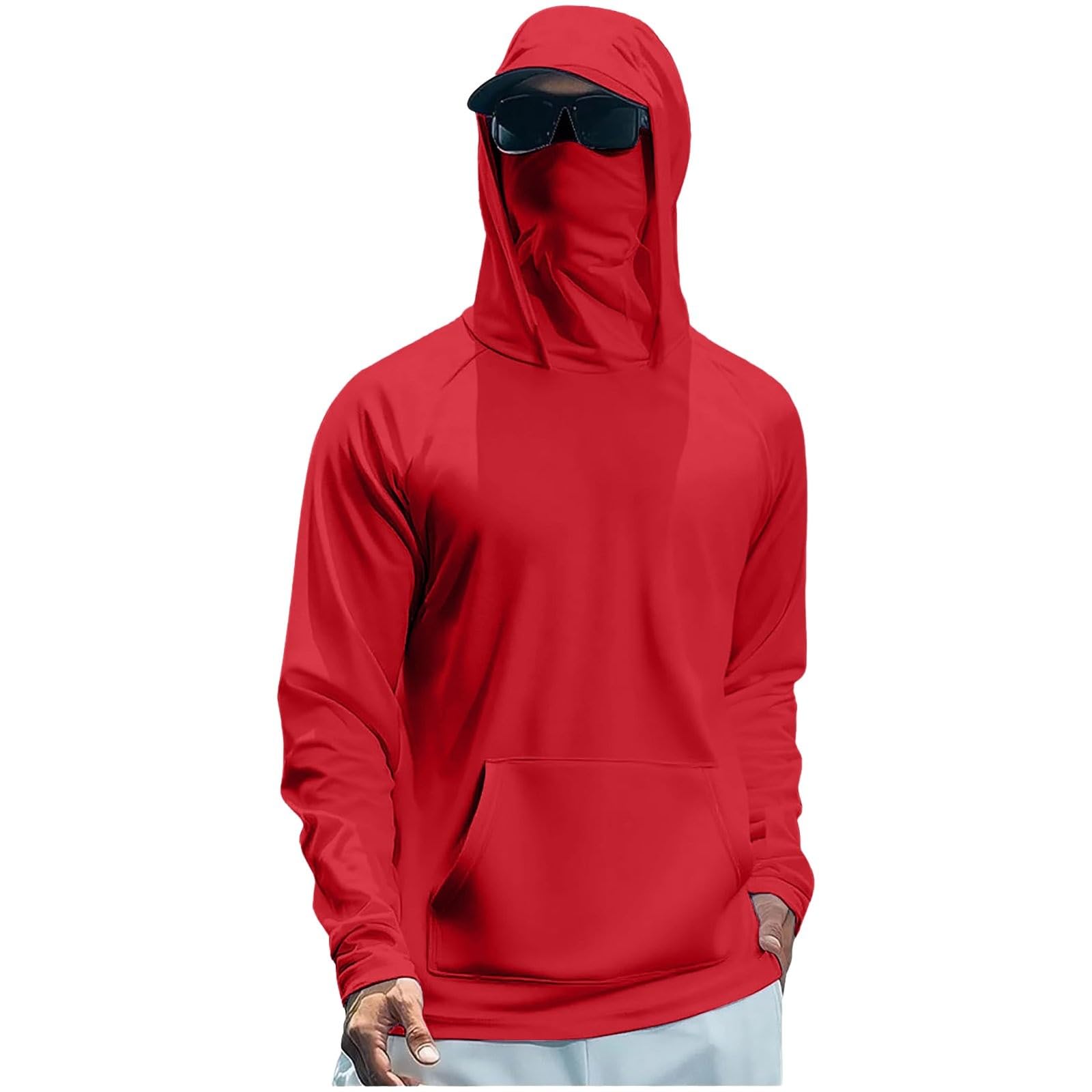 Men's Sun Protection Hoodie with Face Mask Quick Dry Fishing Shirt Lightweight UPF 50+ UV Hoodie Long Sleeve Rash Vest for Hiking Running Outdoor, Red, L