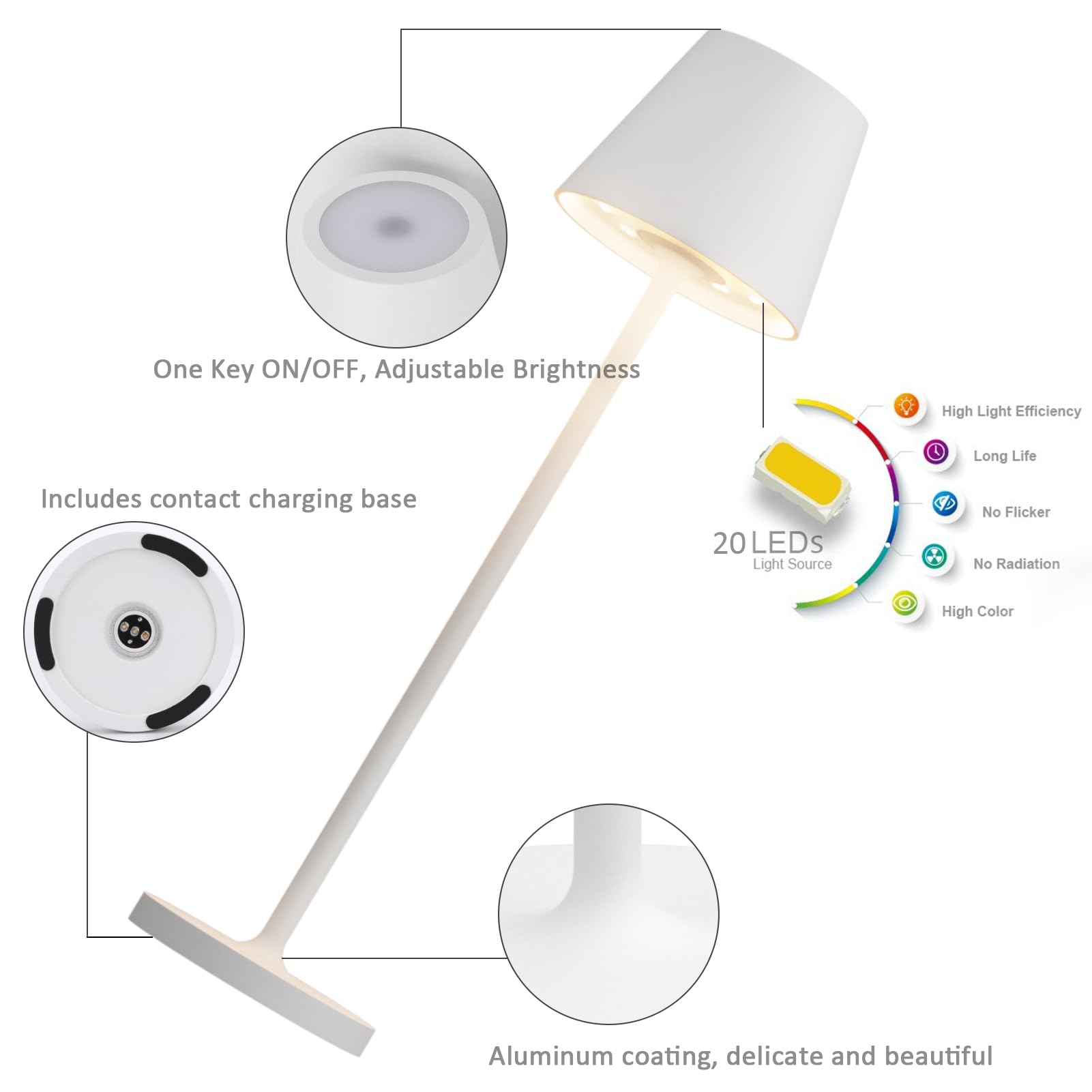 K-Bright pequeño Lámpara de mesa inalámbrica recargable, batería operado lampara escritorio, portátil Lampara de mesa para restaurante/bares/casa Patio al aire libre (Blanco,2pcs)