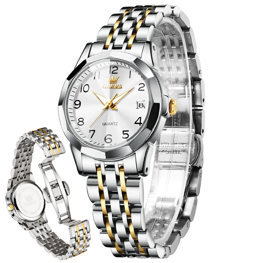 OLEVS Damenuhren Leicht zu lesen Armbanduhr mit Kleines Gesicht Gold Silber Edelstahlband Leuchtend wasserdichte Kalender Luxus Armbanduhr