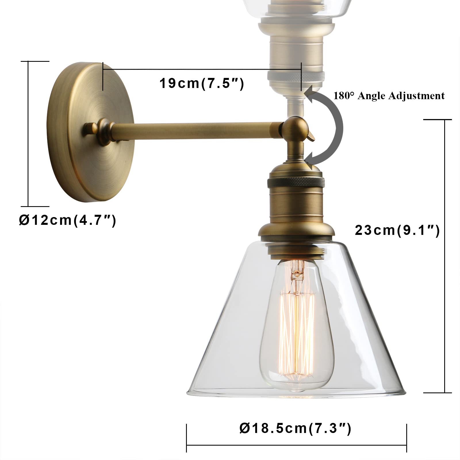 Yosoan Indoor Wall Sconce Fixture Light, 1-Light Modern Single Antique Brass Vintage Industrial Hardwired with Funnel Flared Clear Glass Shade Lamp for Bathroom Sink Porch Kitchen Living Room(Antique)