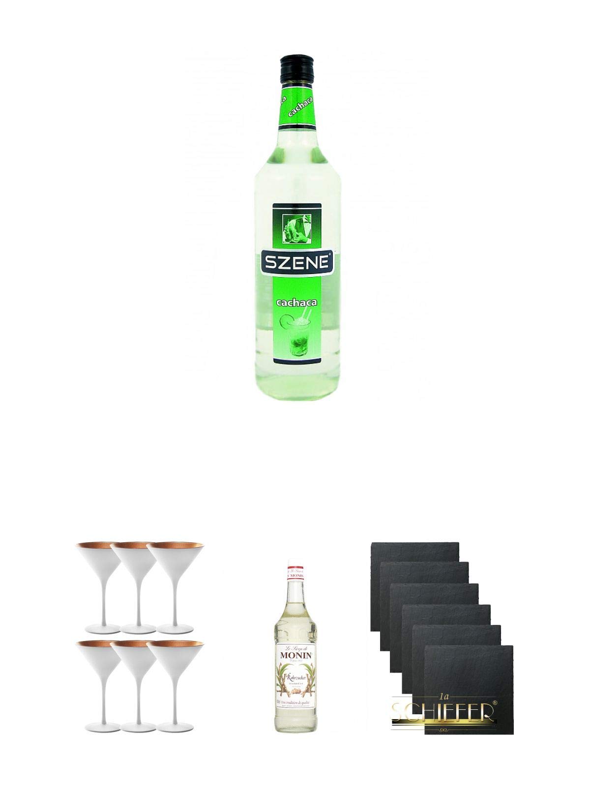 Szene Cachaca 1,0 Liter + Stölzle Cocktail-und Martiniglas Olympic Serie 6 Gläser - 1408825 + Monin Rohrzucker pur Sirup 0,7 Liter + Schiefer Glasuntersetzer eckig 6 x ca. 9,5 cm Durchmesser