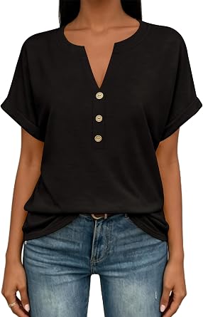 EyMuse Womens Short Sleeve Henley Tops Fashion Casual V Neck Summer Tshirt | Summer Button Up Top Fashion Soft Basic Tees Blouses Spring Comfortable Classic Clothing Resort Wear for Women 2026