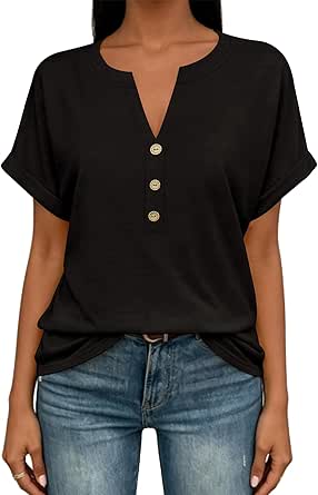 EyMuse Women's Short Sleeve Henley Tops V Neck Casual Summer T-Shirt
