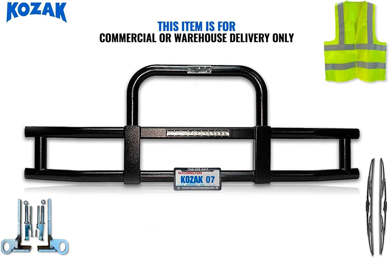 KOZAK Front Bumper Black Grille Deer Guard with Built in 16'' LED Bar and Mounting Brackets Compatible with Peterbilt 579 2022+ No Fog - Includes Logo, License Plate Holder & Frame, 2X Wipers, Vest